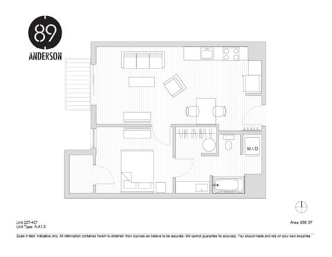 Floor plan for 1 bed, 1 bath, 656 sqft